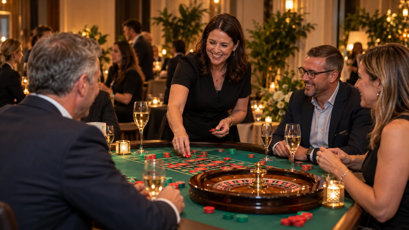 A croupier welcoming guests around a roulette-themed table