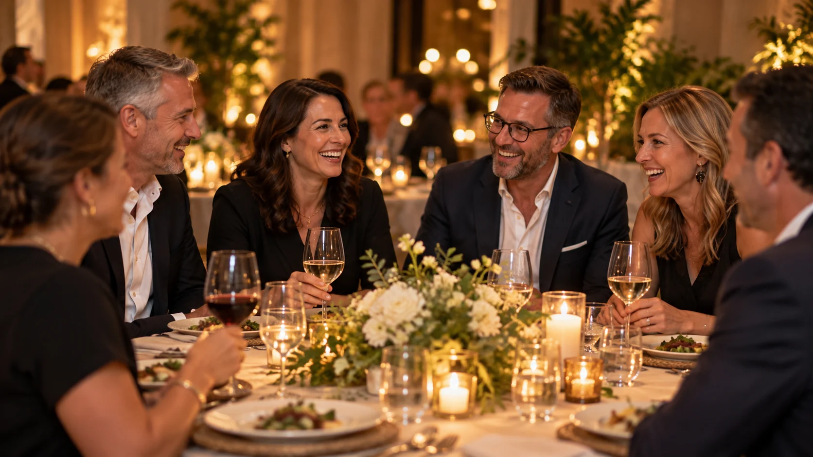 An intimate company gathering with warm table lighting