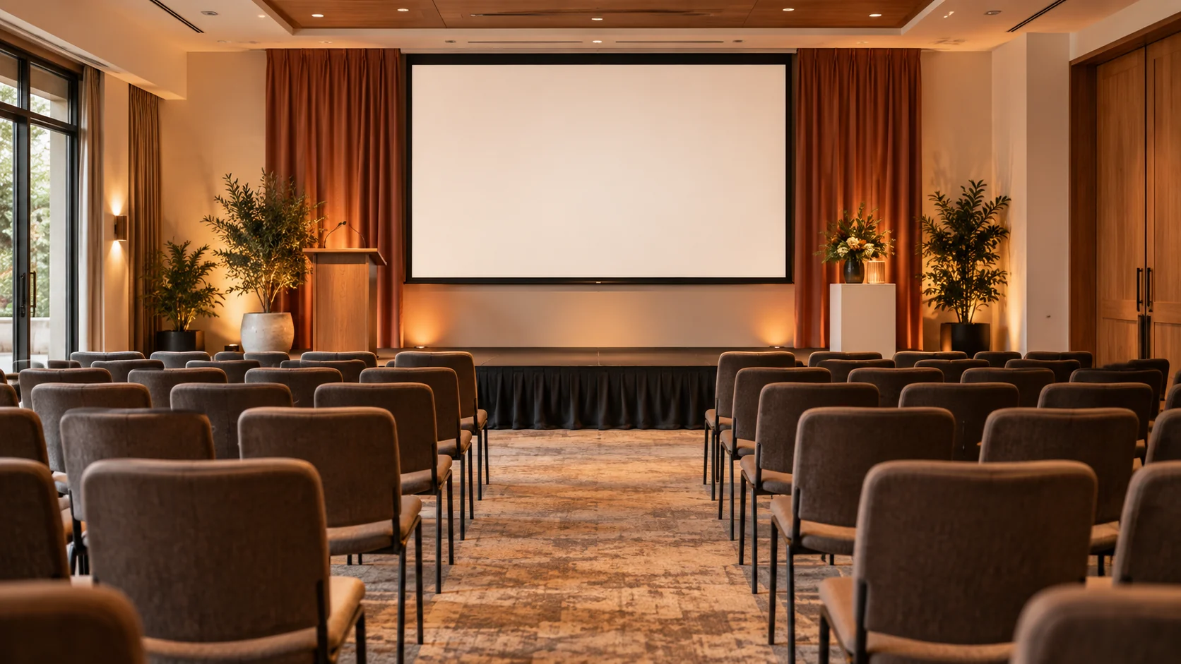 A contemporary event presentation space with warm stage lighting and a display area