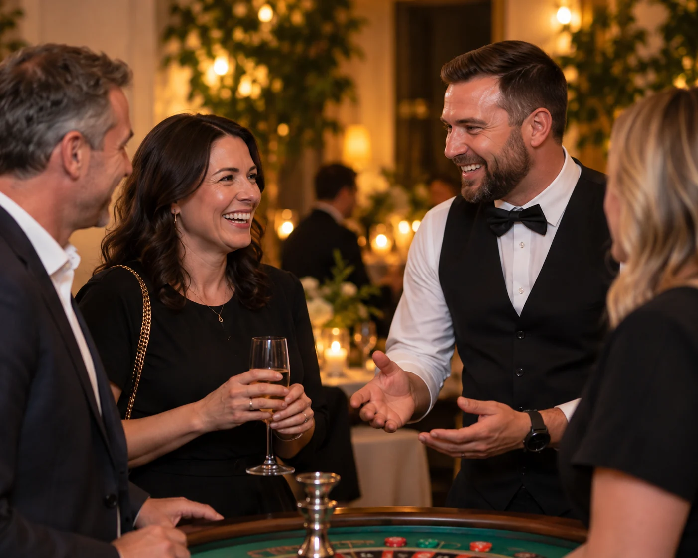 Friends enjoying an evening conversation with a host