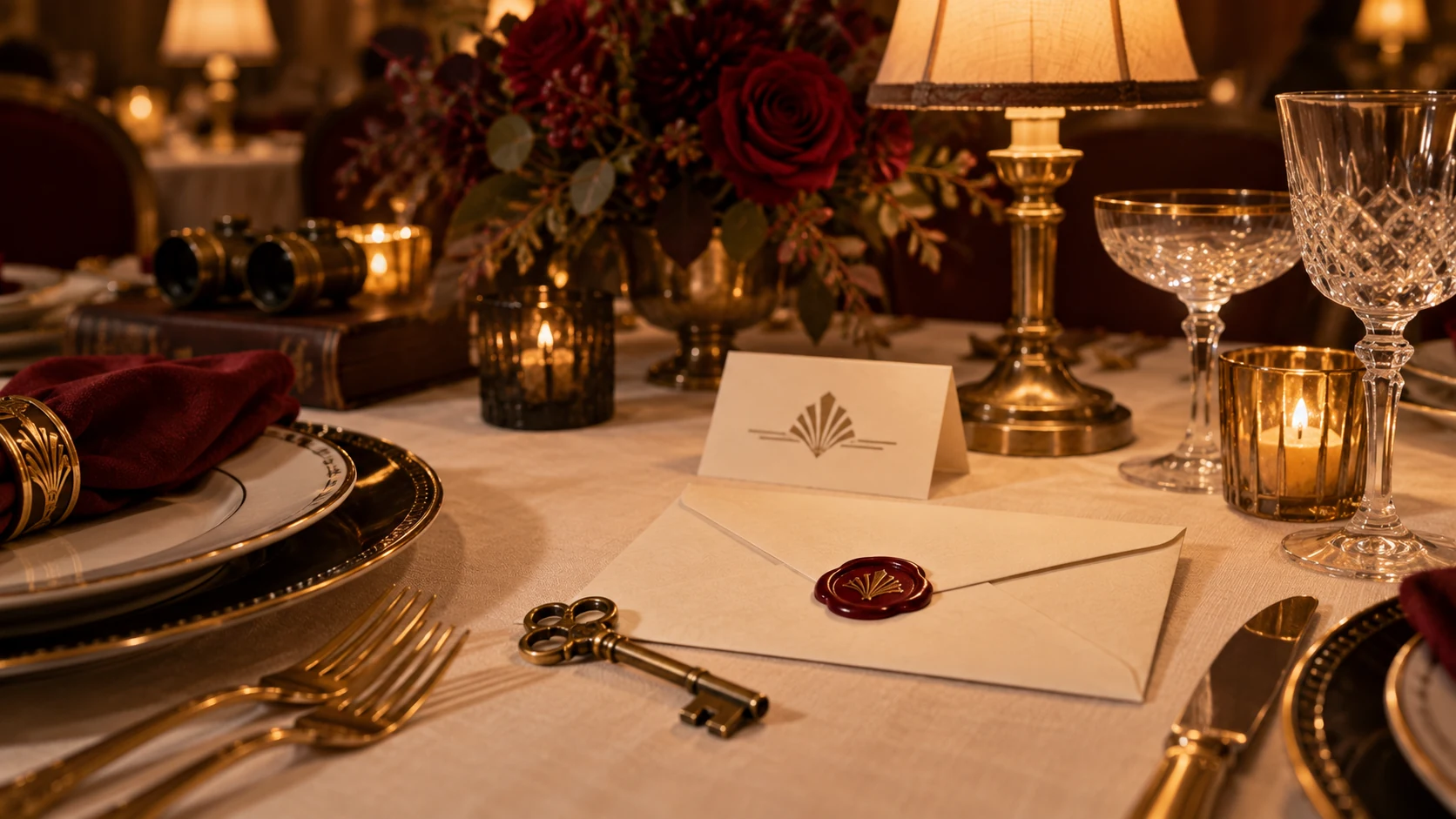 A vintage detective dinner setting with character place cards