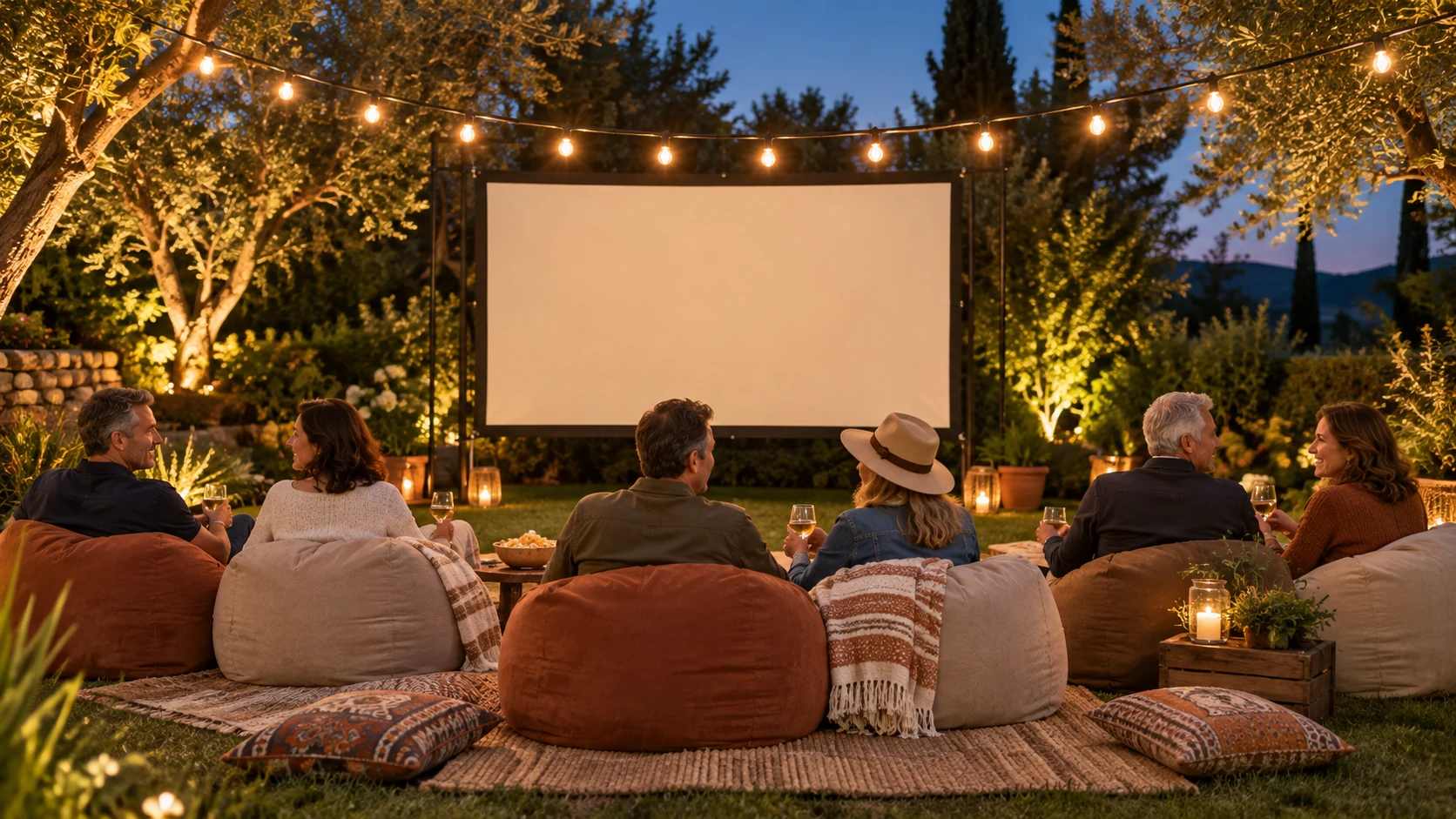 An outdoor cinema setting with a screen, picnic rugs and warm festoon lighting