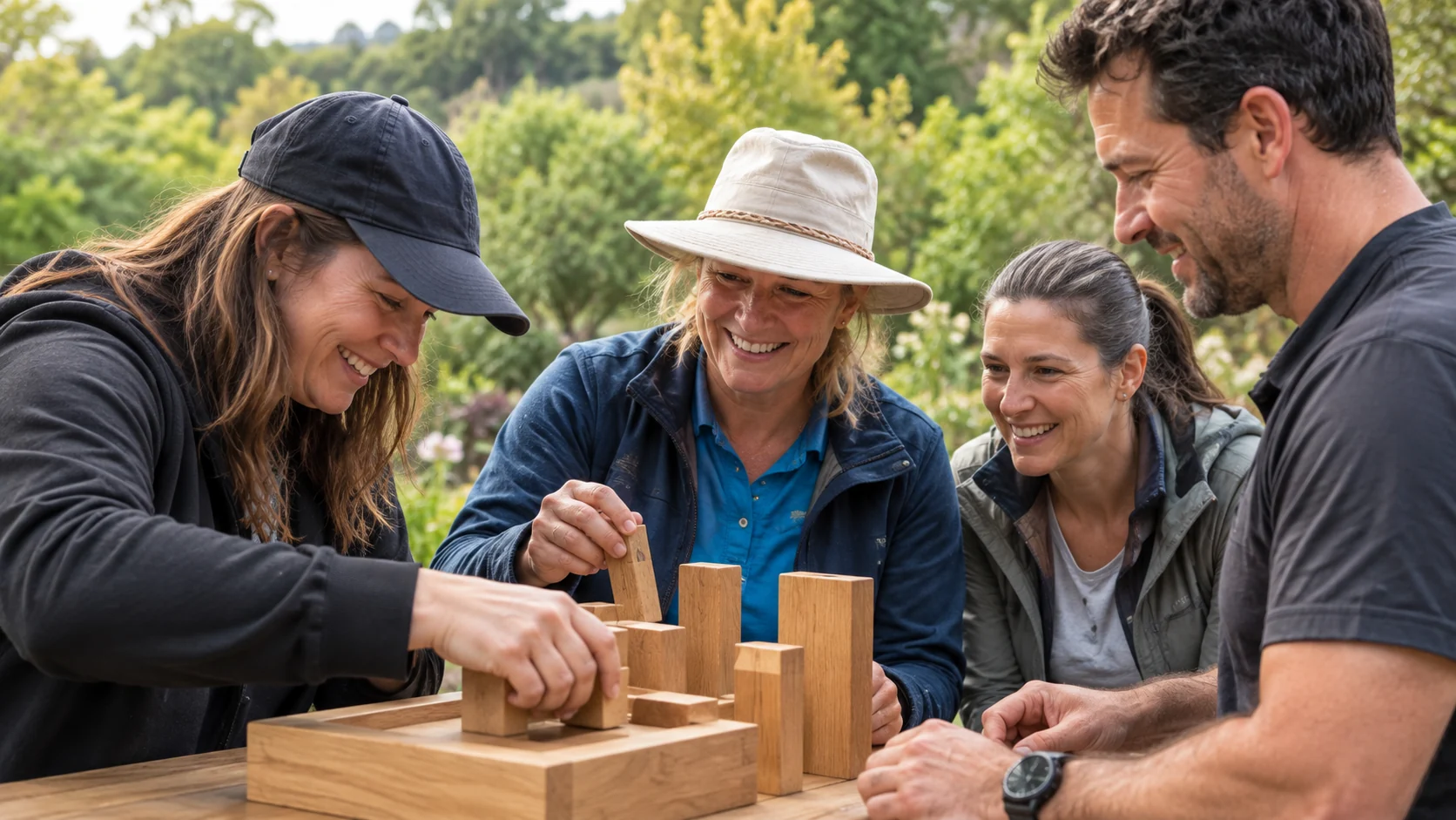 An adult team collaborating on a wooden challenge in a green outdoor setting